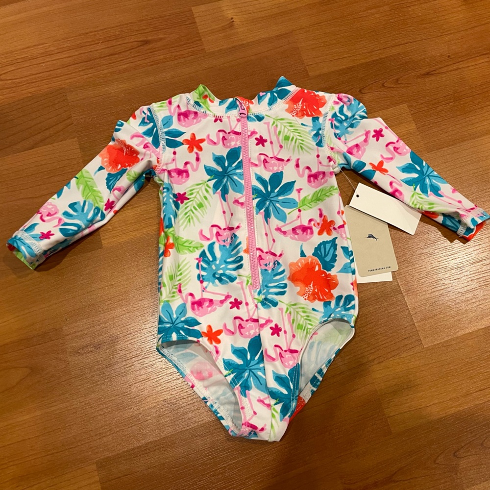Tommy Bahama Girls Flamingo Print 1 Piece Swimsuit 3-6 months